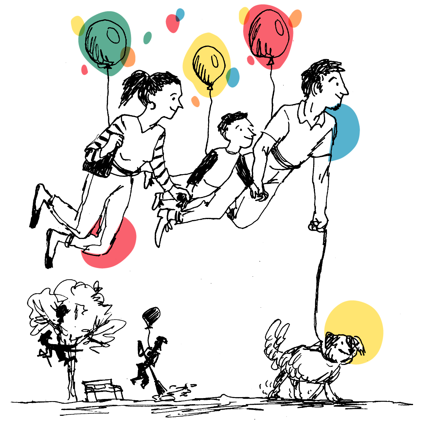 Famiglia che vola serena con dei palloncini