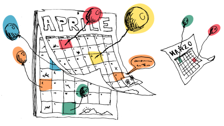 Un calendario disegnato a mano con palloncini colorati appesi ad alcune date